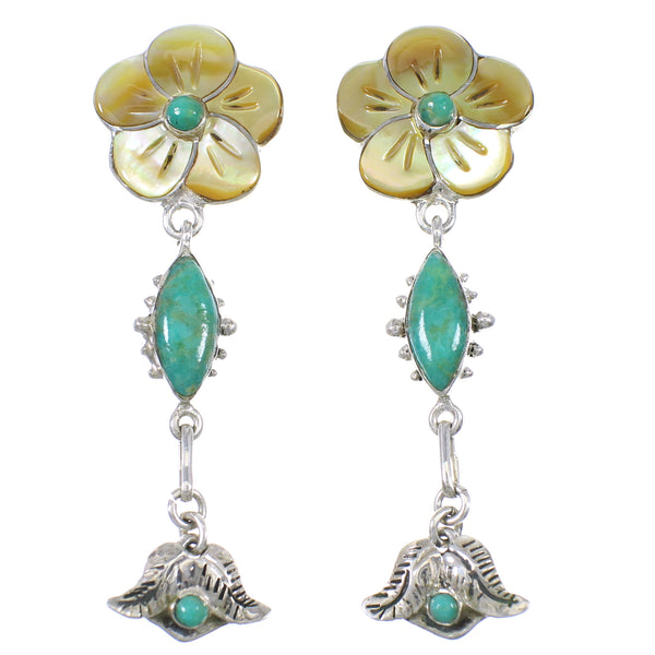 Southwestern Turquoise And Yellow Mother Of Pearl Flower Silver Post Dangle Earrings WX76322